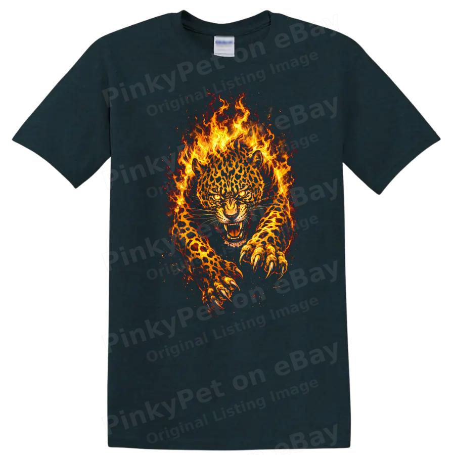 Fire Leopard Graphic T Shirt Wild Animal Roaring Flame Effects Tee