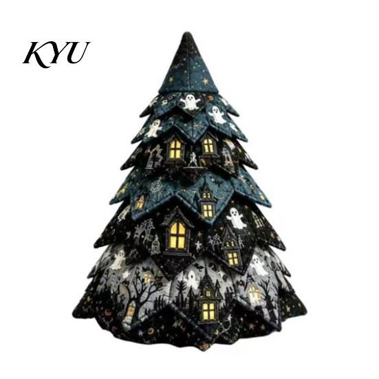 Handmade Keepsake Decor Halloween Quilted Fabric Tree Kit, Witch Cat Spider DIY Padded Craft 3D Sewing Project for Quilting Beginners, Table