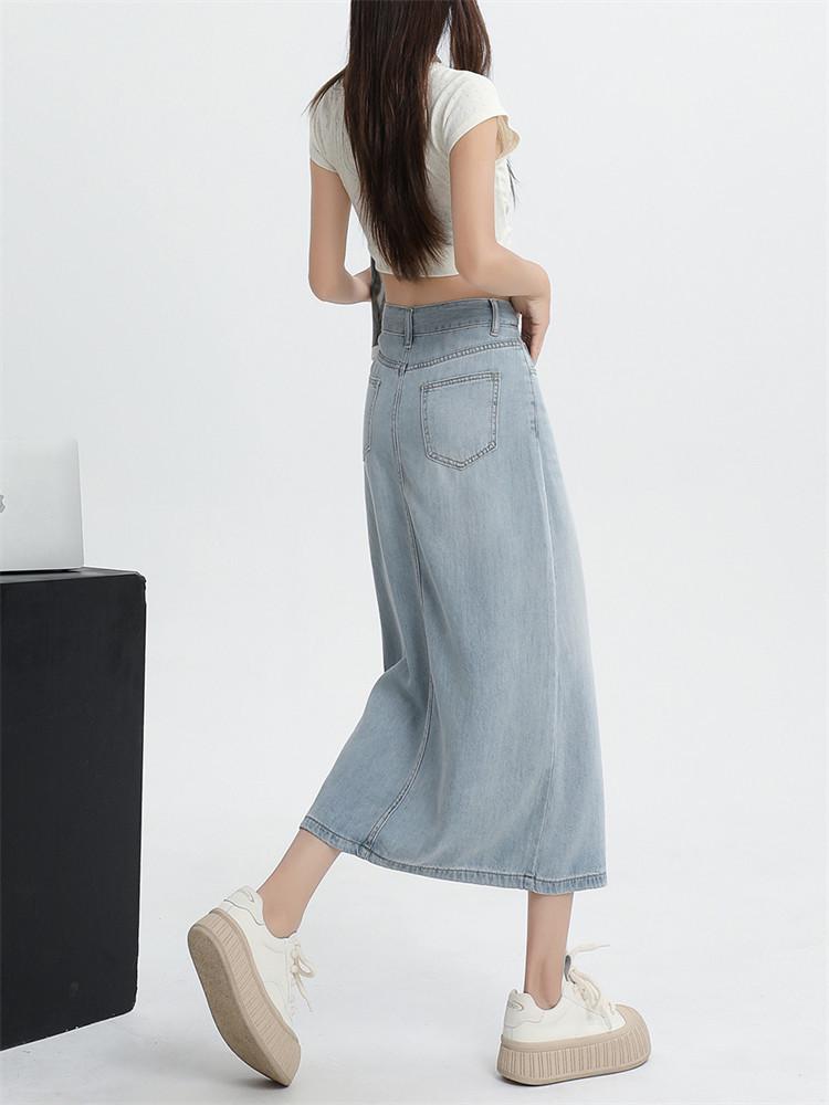 Women's High-Waist Blue Lyocell Denim Skirt, Summer 2026, Mid-Length A-Line with Front Slit
