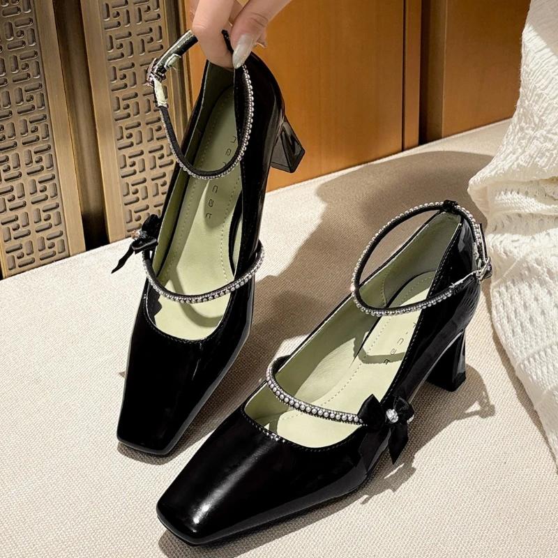 Rhinestone Elegant Mary Jane Shoes Women Square Toe Pumps Ankle Strap Shallow Bowknot Fashion High Heels Dress Shoes Female 35 4360₽