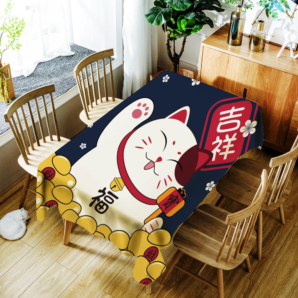 Cartoon Lucky Cat And Fish Printing Tablecloth Japanese Style Polyester Waterproof Table Cloth For Wedding Party Table Cover
