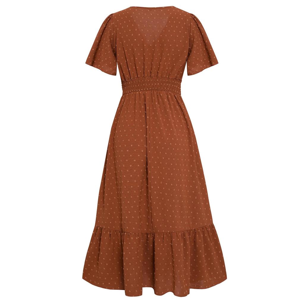 Women Spring Solid Color V-Neck Short Lotus Leaf Sleeve Dress Summer Casual A-Line High Waist Long Dresses S-XL