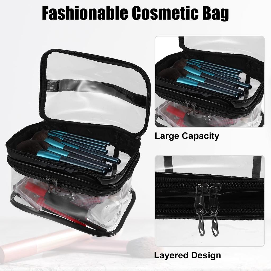 VOCOSTE Double Layer Makeup Cosmetic Travel Clear Toiletry Bag for Black Bag, Case, Women,