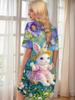 Women'S Rabbit in Flower Swing Print Nightgown Cute Bunny & Floral Women'S Short Sleeve Dress
