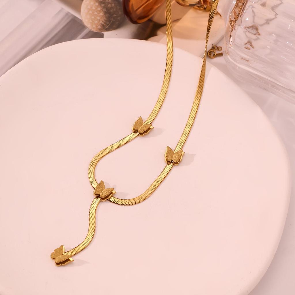 18K Gold & Titanium Steel Double Layer Butterfly Pearl Necklace - Elegant, Durable, Colorfast Women's Clavicle Chain
