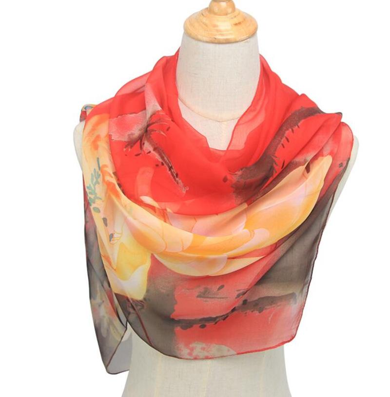 Fashion Women Ultra Thin Long Chiffon Flower Print Silk Scarves Spring Polyester Lotus Pattern Soft Sunscreen Shawl Scarf N49