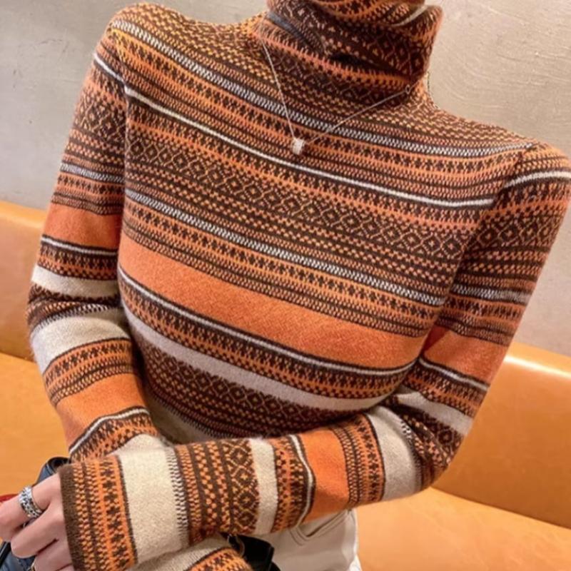 Navava Mock Neck Long Sleeve Knit Top Retro Stripe Pattern Nk2690