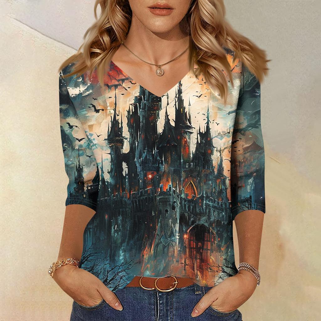 Women's Casual Halloween Print V Neck Top 3/4 Sleeve Lightweight Blouse for Fall Seasonal Wear Comfortable Fit