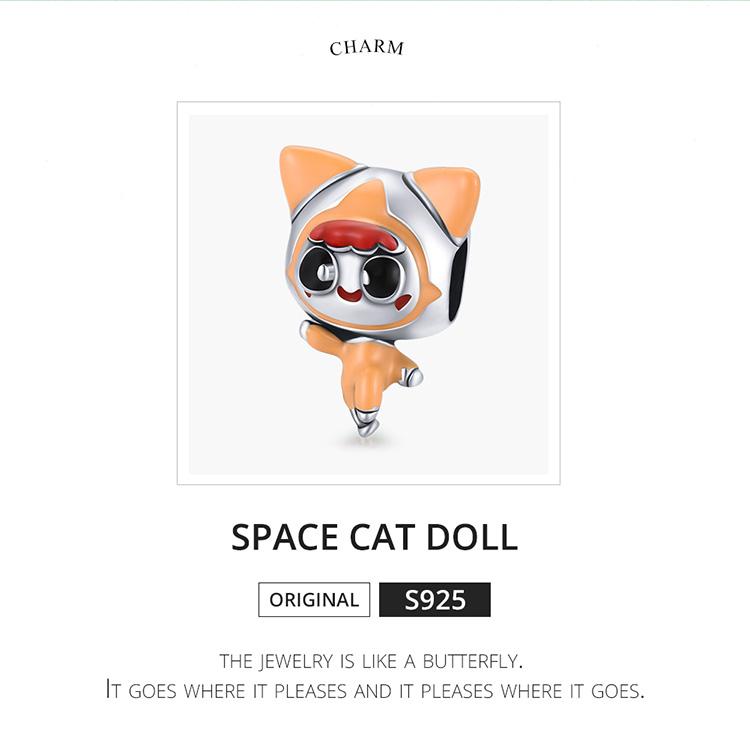 WOSTU Lively Cute Cat Orange Spacesuit 925 Sterling Silver Beads Fit Bracelet Bangle Fine Jewelry