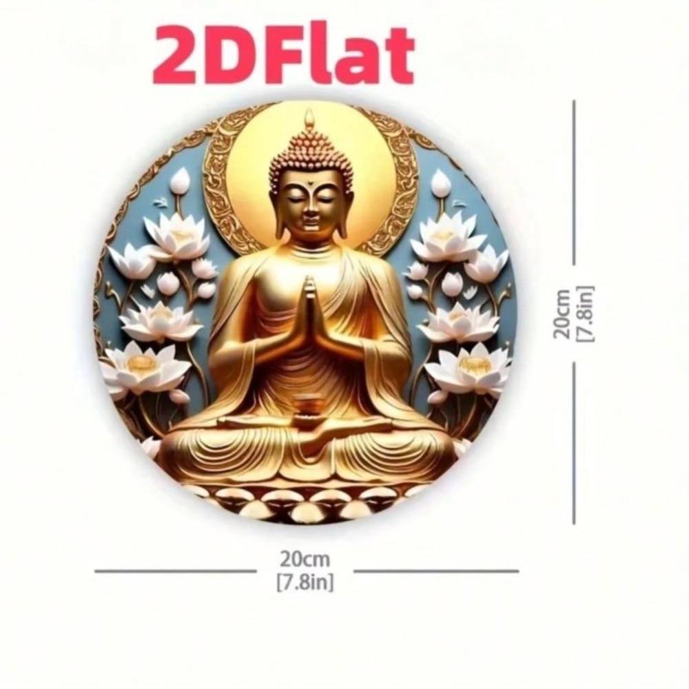 Metal Wall Art Golden Buddha Circle Retro Design Soft Blue Background Home Decor