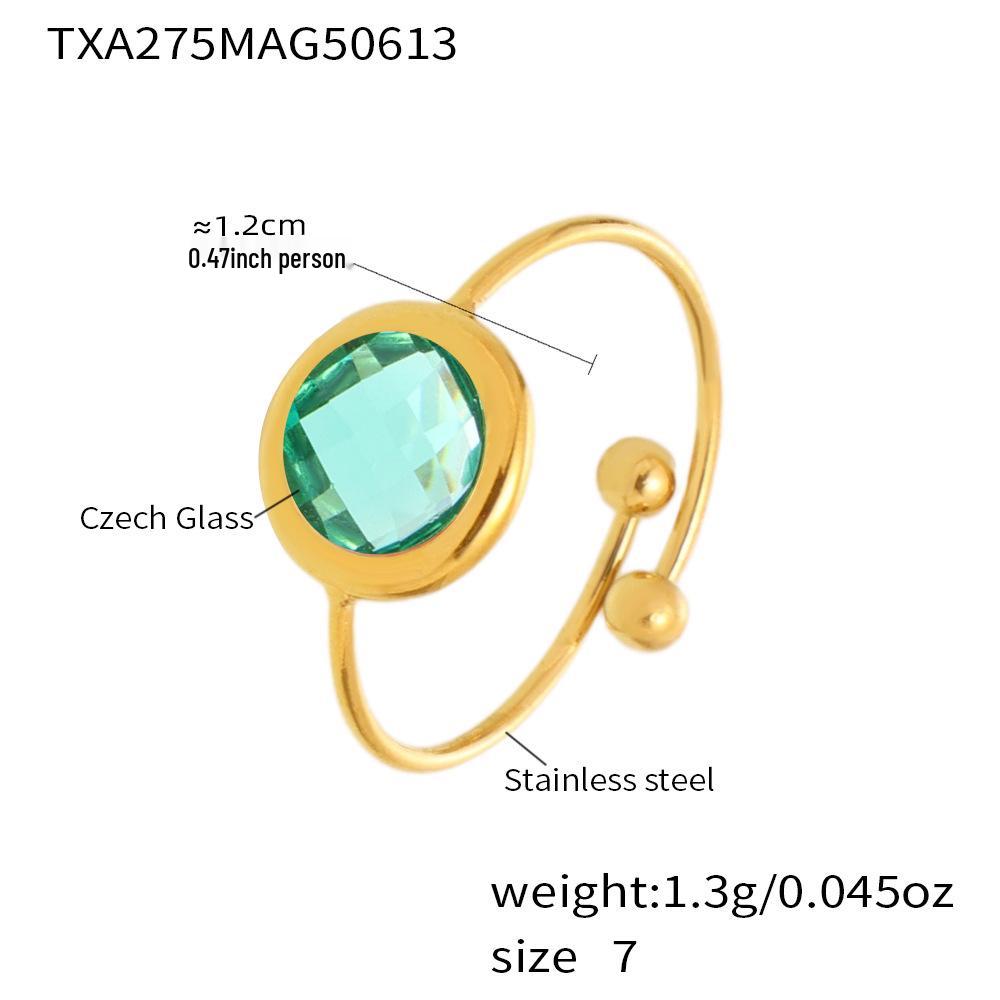 Qiong Yao Round Czech Glass Stone Sparkling Stainless Steel Open Tail Ring Size 7