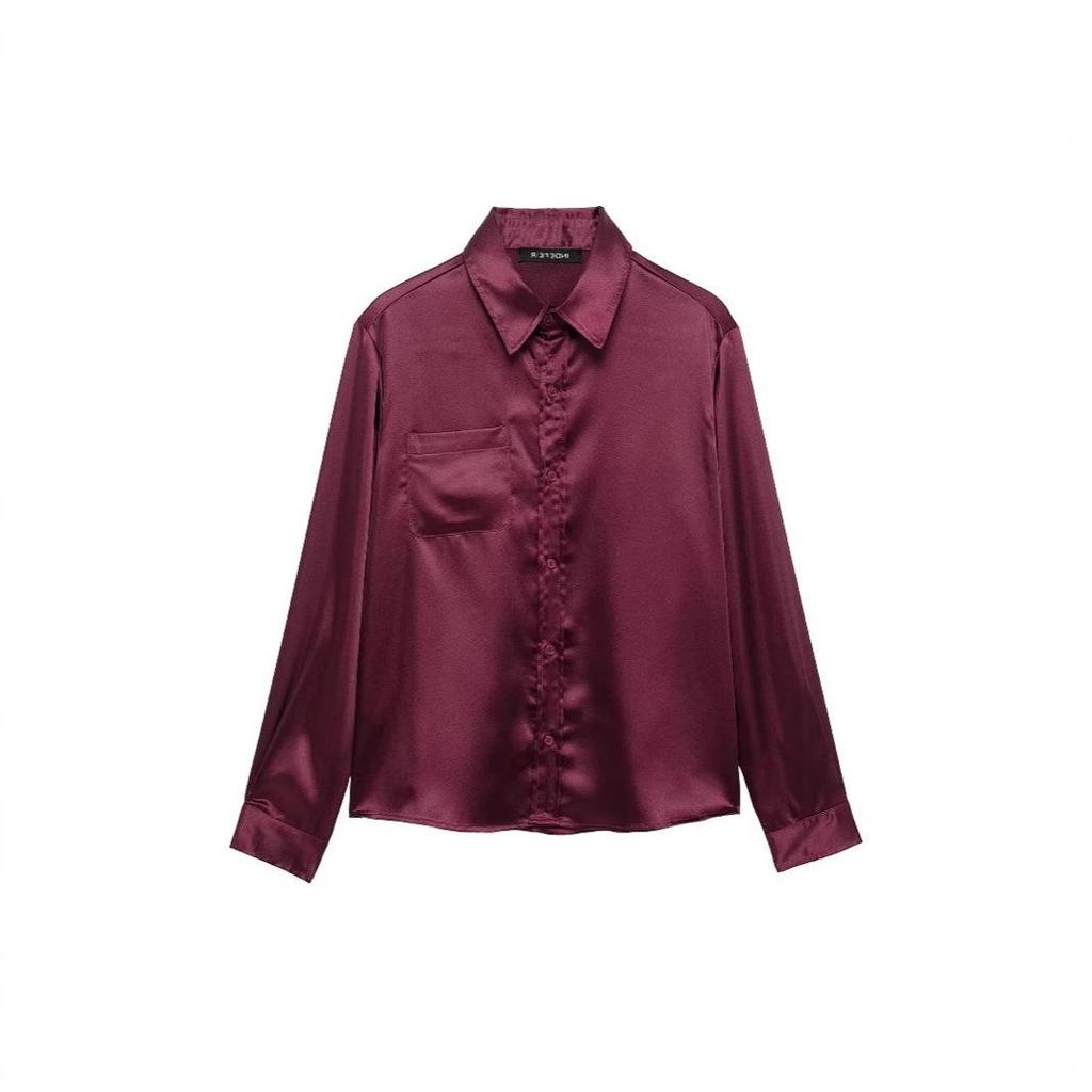 TAOP&ZA Women's Spring/Summer Elegant Solid Silk Satin Slim Fit Shirt