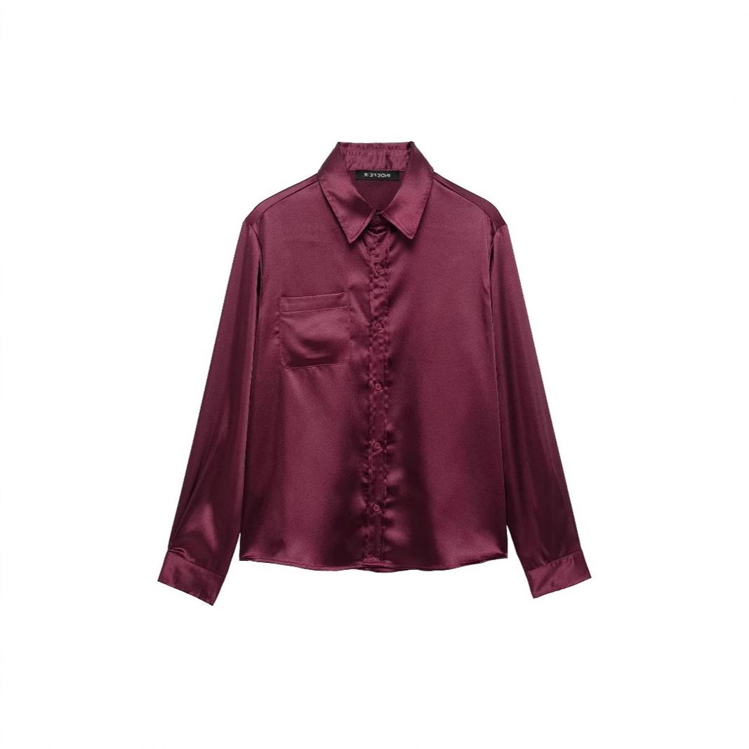 

TAOP&ZA Women s Spring/Summer Elegant Solid Silk Satin Slim Fit Shirt Large