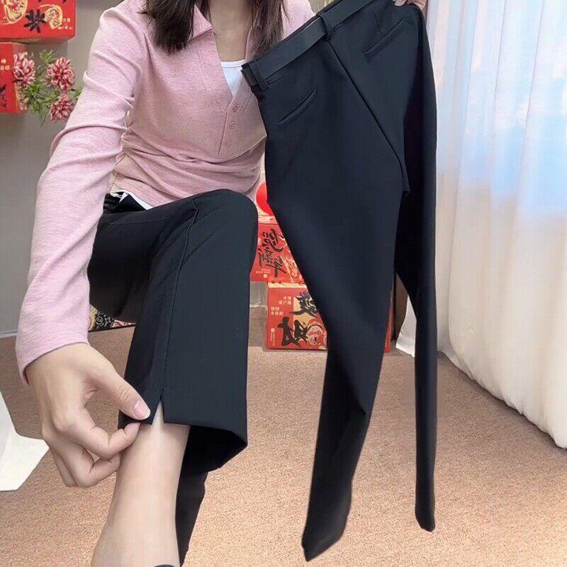 

Spring New Style High-End Black Versatile Straight-Leg Casual Pants for Women, High-Waisted, Slimming, Cropped, with Slits, Cigarette-Style Suit Pants Black 2XL