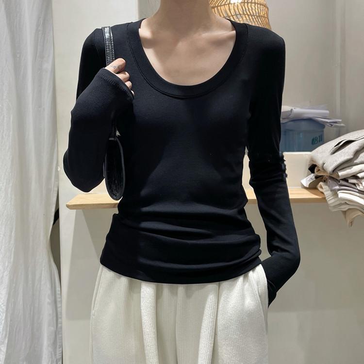 Threaded U-neck Slim and Versatile French Early Autumn Solid Color Low Collar Inner Collarbone Base Shirt Women's T-shirt Top