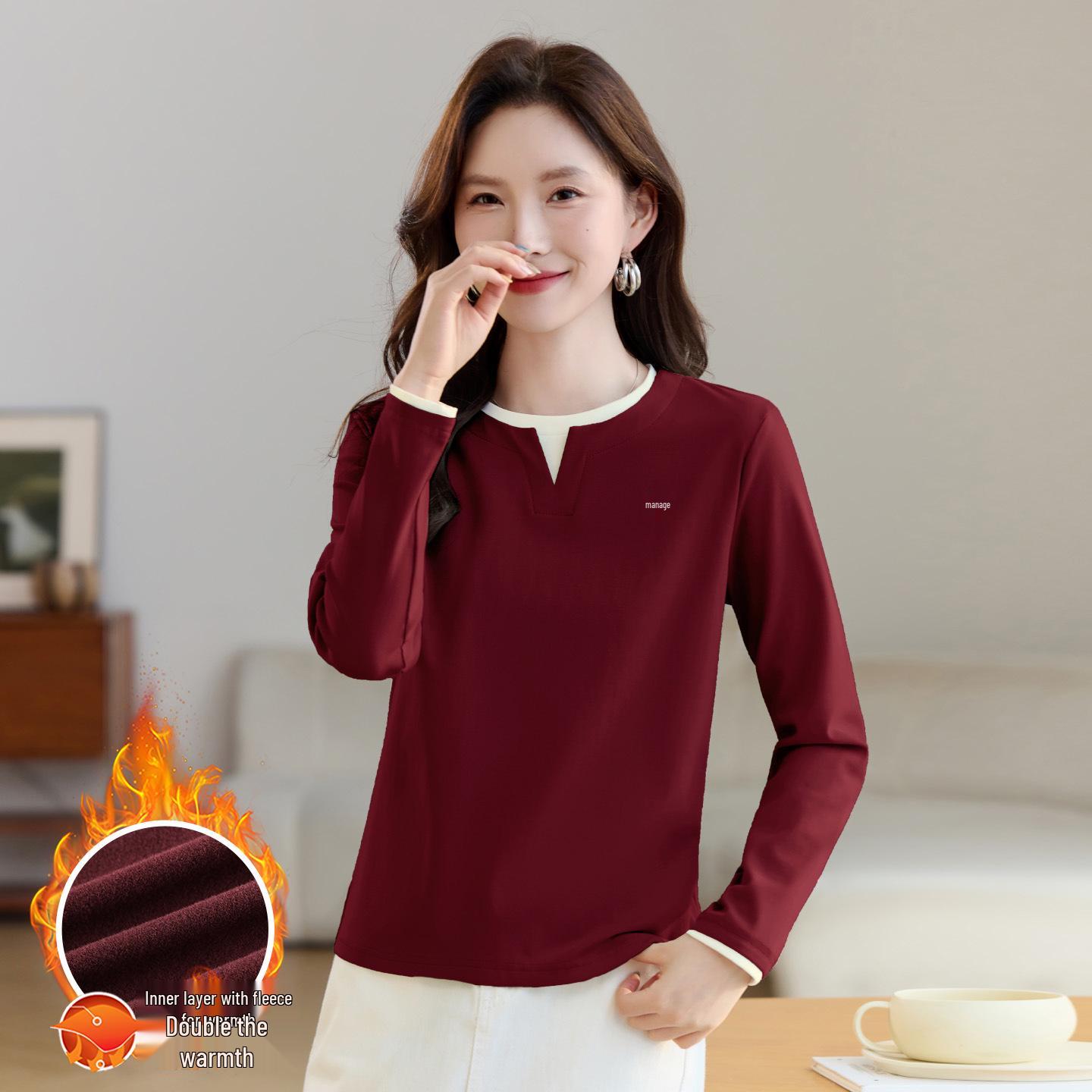 Women s Grey Long-Sleeved Faux Two-Piece Velvet Base Shirt - 2025 Stylish Autumn/Winter Collection XL