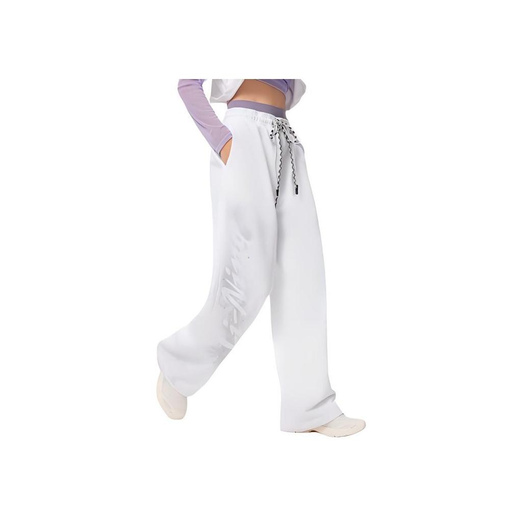 Li Ning Fitness Series Solid Color Antibacterial Straight Leg Water Resistant Knitted Sports Pants Women bottoms Standard-White AKLU112-5