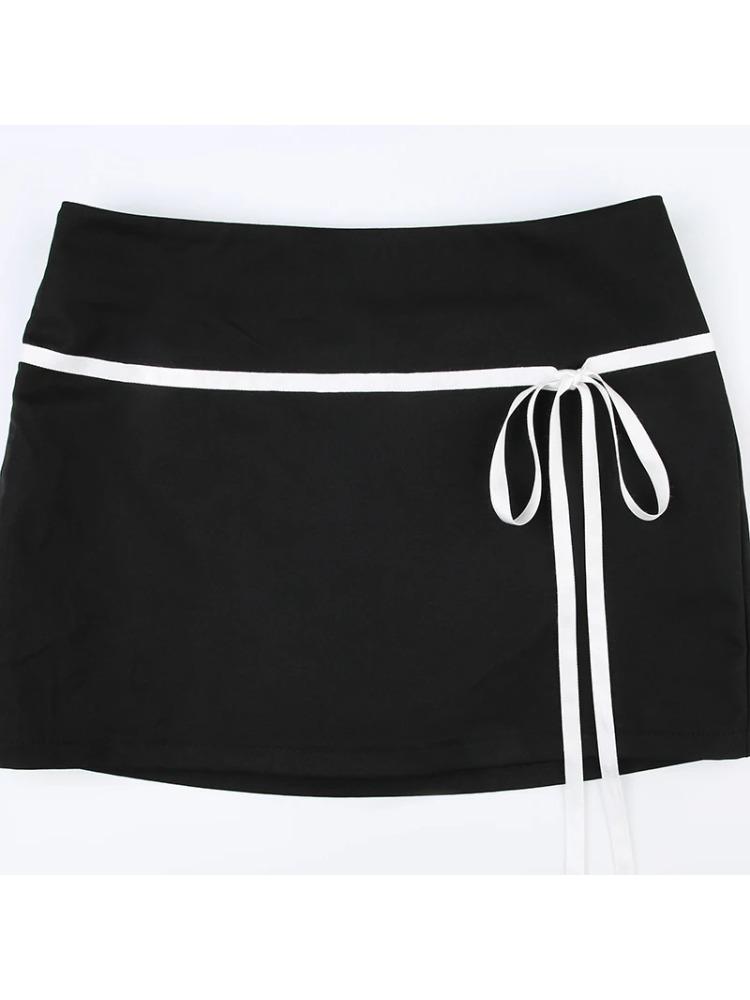 Sweet Basic Patchwork Bandage A-Line Skirt Casual Slim Low-Waisted Mini Skirts Women 2024 Summer Fashion Streetwear Lady