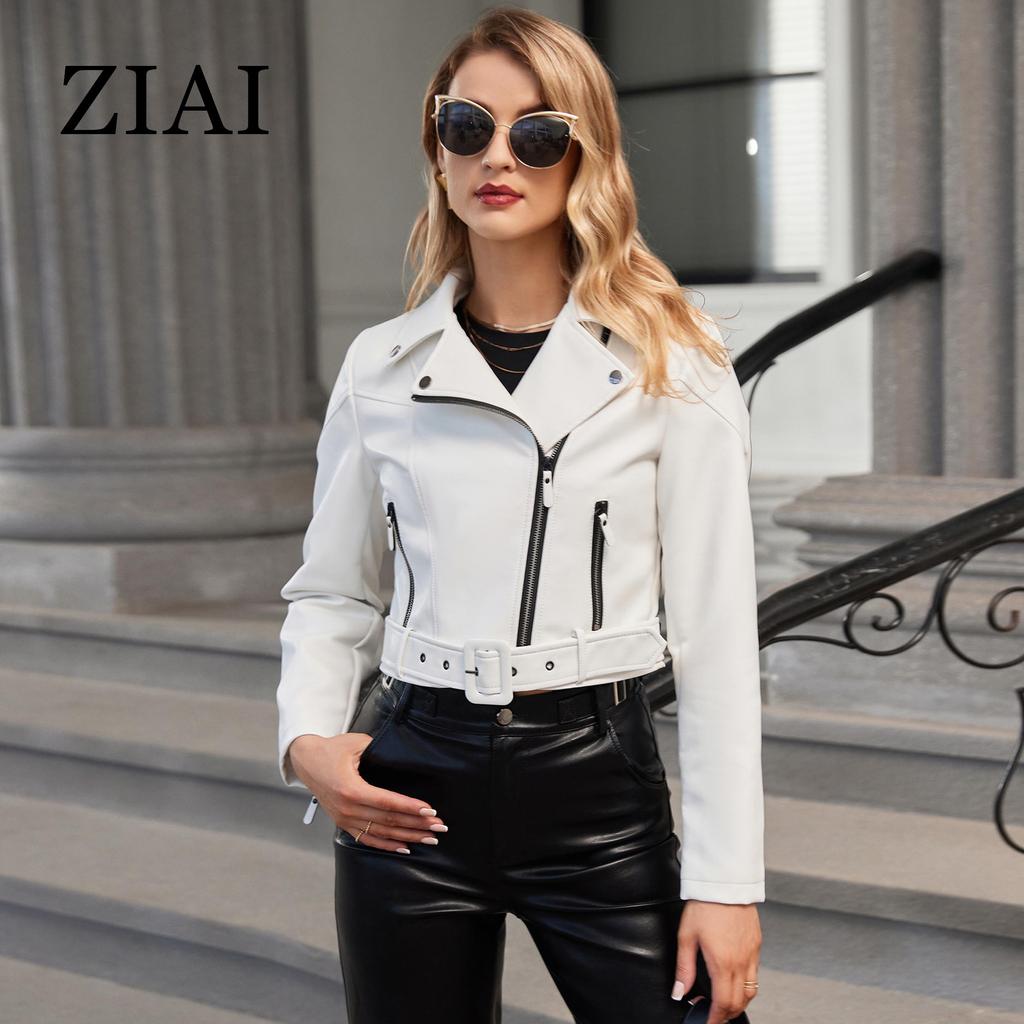 ziai Short Faux Leather Jacket Women Lapel Slanted Zipper Loose Waterproof Trench Coat Fashion PU Coat Streetwear ZP-23812