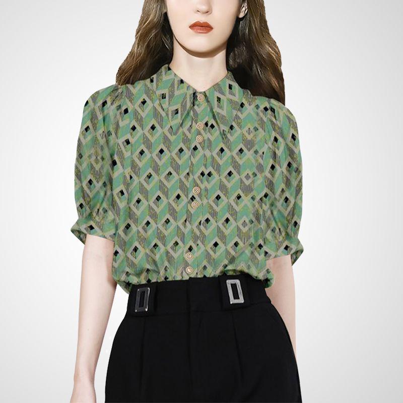 

Chic Socialite Women s Clothes Niche Long-Sleeve Printed Shirt Green Print (short sleeve) 2XL