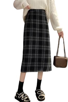 PHOLEEY Plaid Midi High Tight Long Perfect for and Casual Korean Style Women's Skirt, Length, Waist, Skirt, Fall/Winter, Wool, Skirt, Commuting,