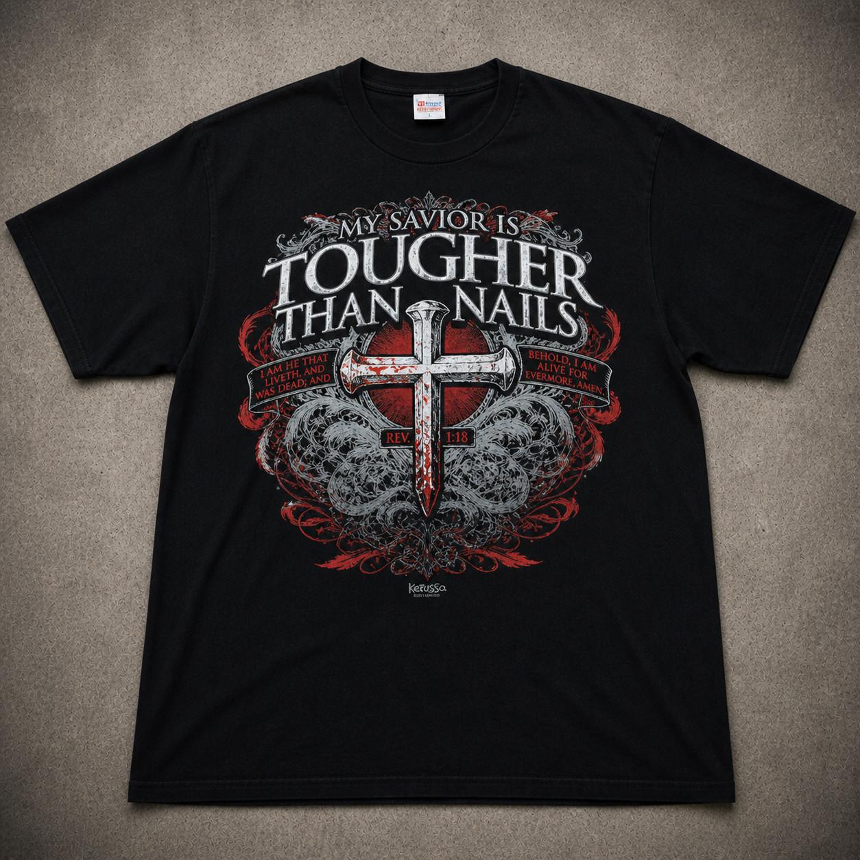 Kerusso Jesus Cross T Mens XL Tougher Than Nails Christian Graphic Unisex T-Shirt XL