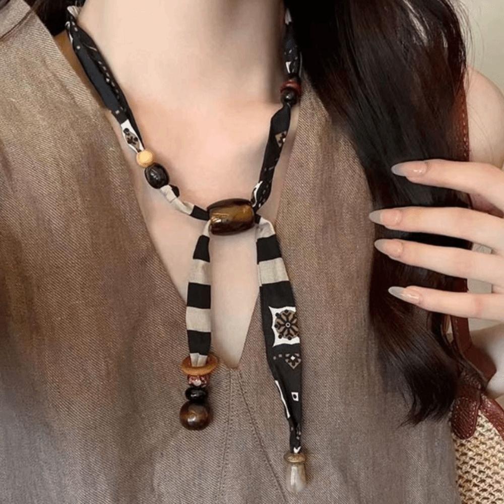 Multicolor Cloth Chain Necklace Strip Bohemian Choker Unique Wood Bead Necklace Male