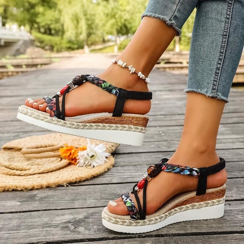 Women'S New Summer Sandals Classic Wedge Thick Sole Elevated Elastic Strap Open Toe Elegant Comfortable Sandals for Women