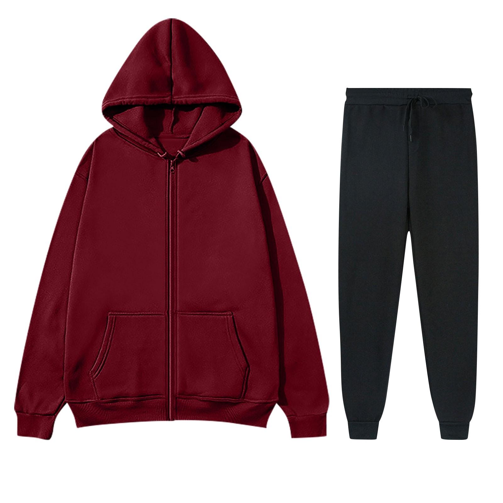 

Женский модный повседневный однотонный спортивный комплект Fashion Hugh, кардиган с капюшоном, толстовка + спортивные штаны L винный