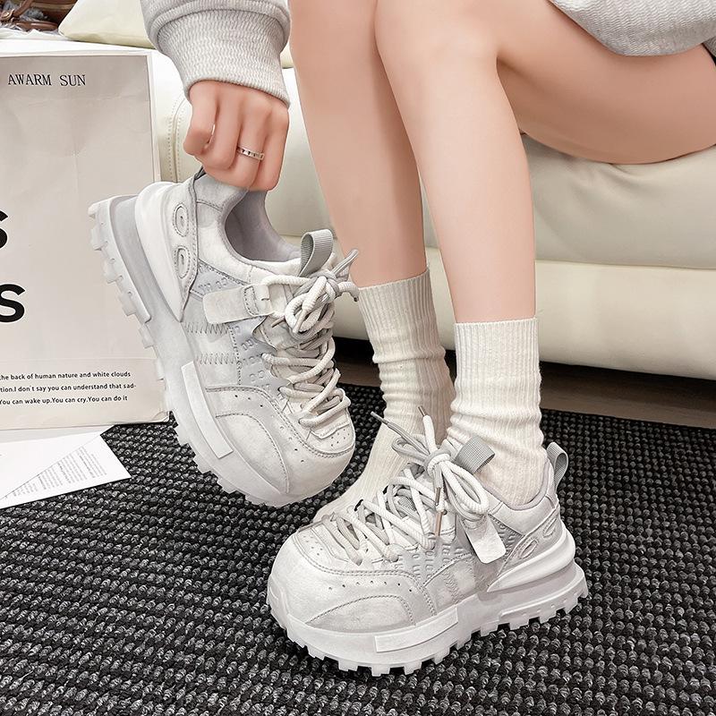 2025 Autumn New Korean Version Ins Retro Polished Leather Dad Shoes Thick-soled Round Head Lace-up Comfortable Versatile Forrest Gump Shoes