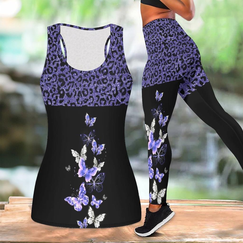 Schmetterlings-Print Yoga-Outfit für Damen Mode Trainings-Leggings Fitness Sport Lässiges Yoga-Set Sportanzug