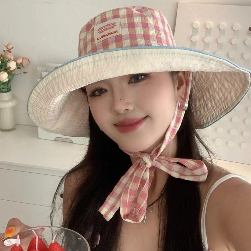 Sun Protection Hiking Fisherman Hat Big Brim Plaid Hiking Cap Fashion Drawstring Sun Hat Summer