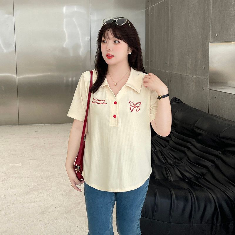 

Caidoble Belly Covering Niche Style Classy V-neck Embroidery Tops Apricot color XL