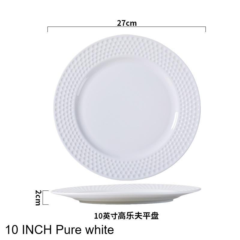 Round Ceramic Gold-rimmed Western-style Dinner Plate Creative Relief Pure White Ceramic Flat Plate Banquet Plating Tableware
