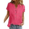 Summer Plain Retro Pocket Patchwork Cotton Linen Shirt for Women's Casual V-neck Button Short Sleeve Solid Color Blouse