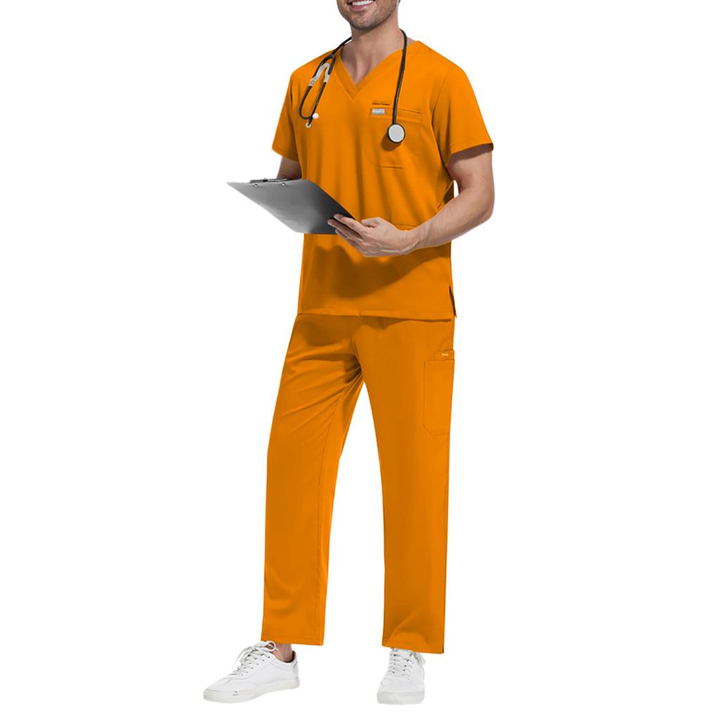 Men's Loose And Comfortable V-neck Short Sleeved Workwear With Tie Up Top And Waist Cinching Beauty Suit Set