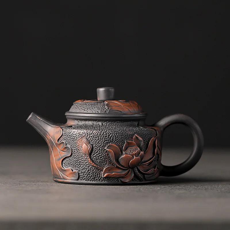 Čína Jianshui fialová hlína černá keramická ručně vyřezávaná konvice na čaj s dračí řezbou, porcelánová kung-fu čajová sada na pití