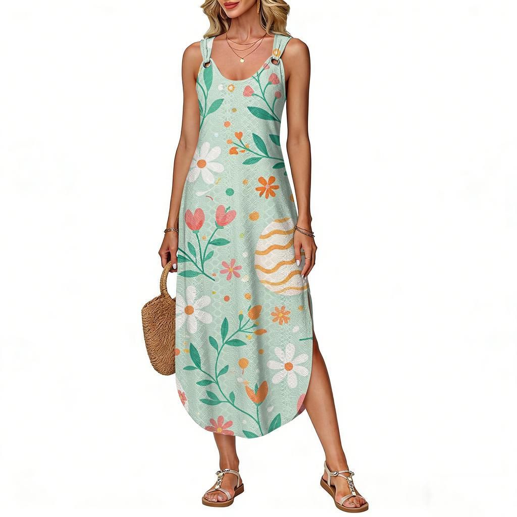 Robe d'été longue pour femme, sans manches avec fente latérale, longue robe débardeur imprimée pour Pâques