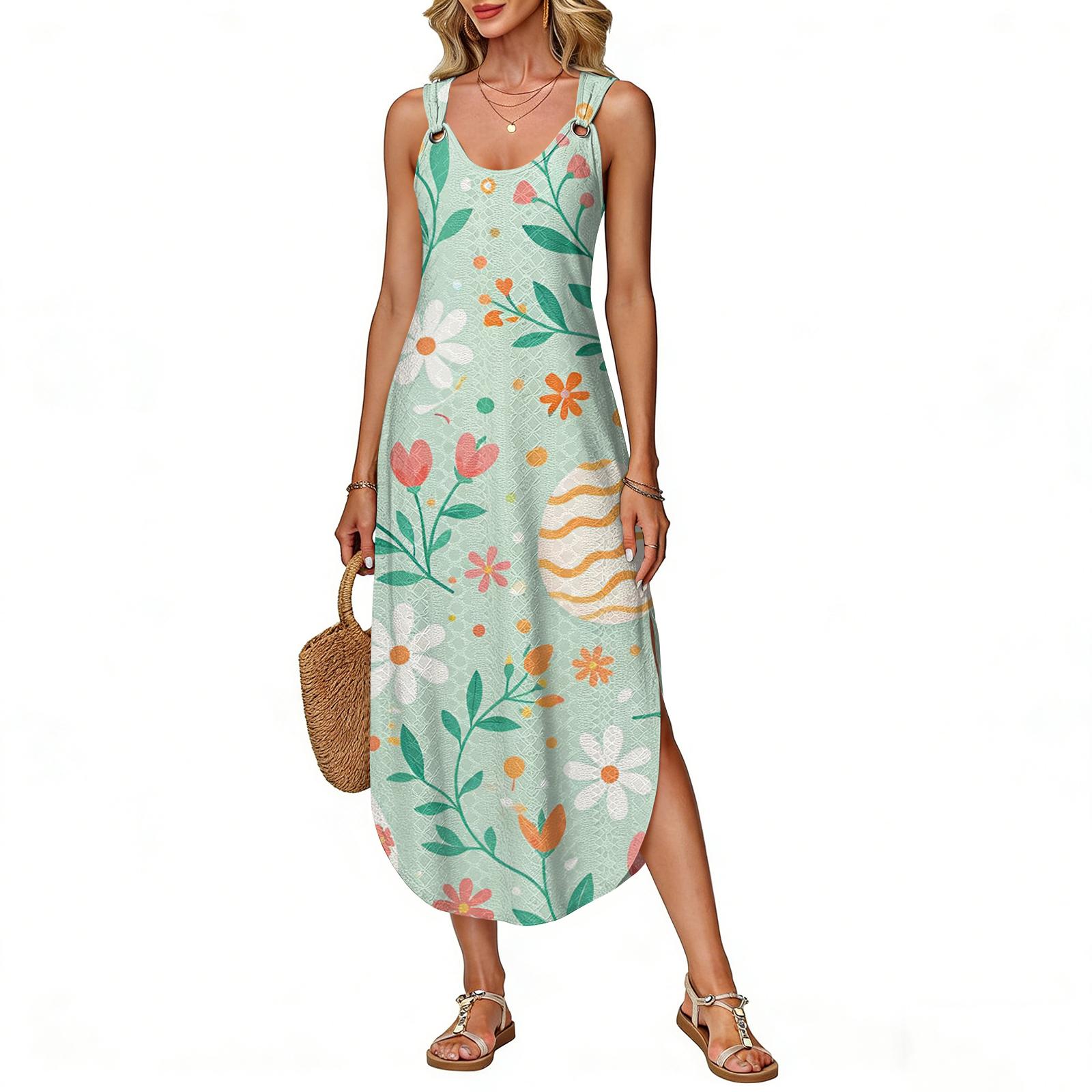 

Women s Summer Long Dress, Sleeveless With Side Slit, Long Easter Printed Vest Dress S