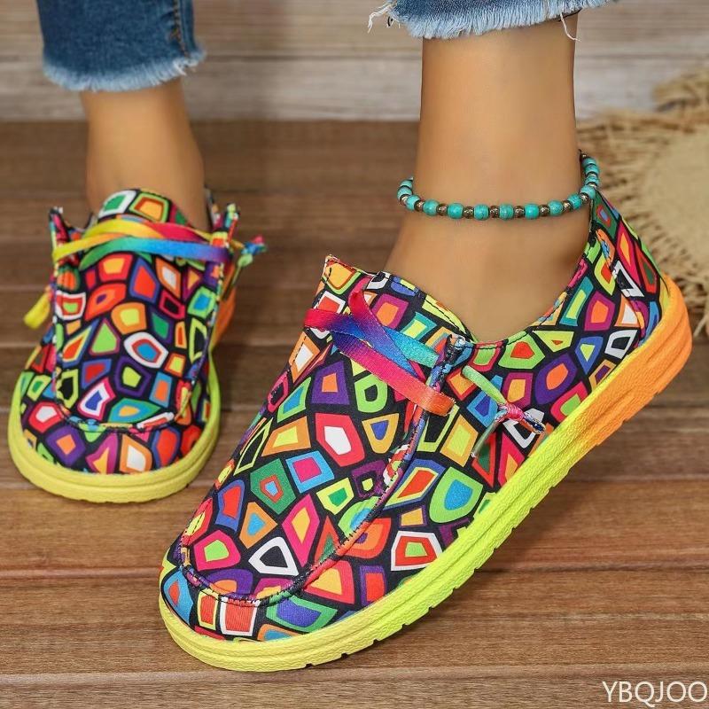 Frühling und Herbst Neue Lässige Damen Low Top Einzelne Schuhe mit Weicher Sohle Leicht Graffiti Lazy Canvas Damen Freizeitschuhe