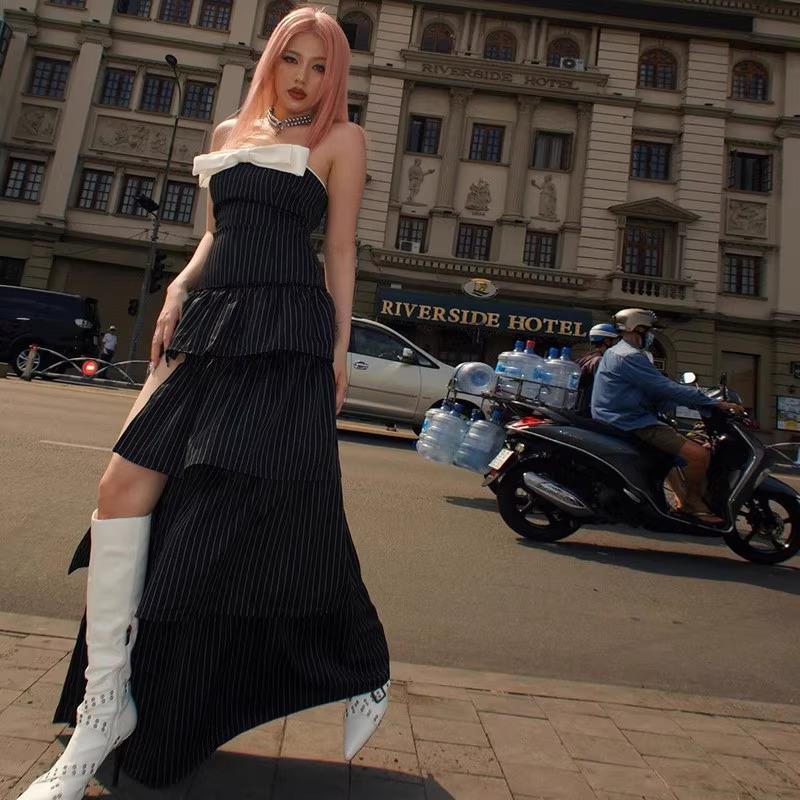 European & American Striped Strapless Layered High Slit Summer Midi Dress for Women