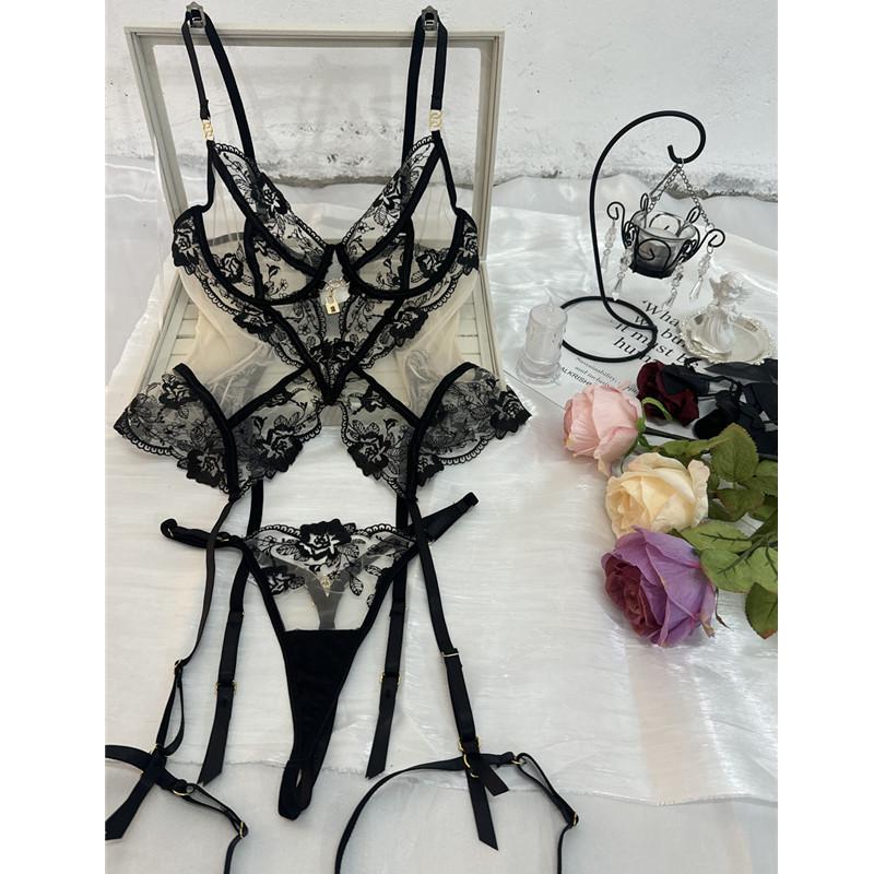 3-Piece Thin Sexy Bra Panty Garter Belt Set-Sultry Floral Pattern BDSM Bondage Lingerie with Sheer Mesh Lace Thin Sexy Lingerie