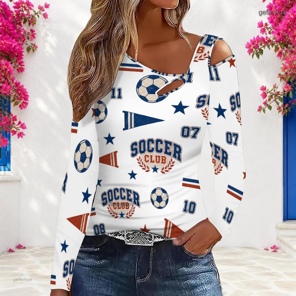 Women Plus Size Asymmetric Cutout Neck Cold Shoulder Long Sleeve Bicycle Printed White Fitted Top