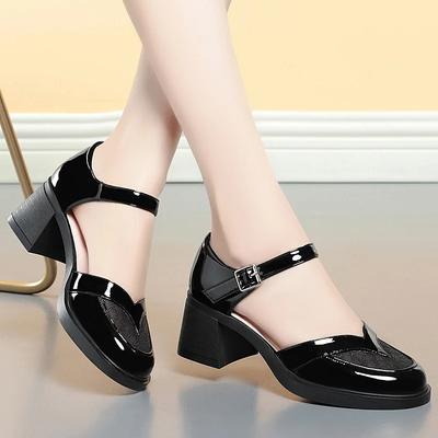 5.5cm Fashion Breathable Mesh Leather Sandals Mary Janes Summer 2025 Close Head Med Heels Sandals Women for Office Mom Girls