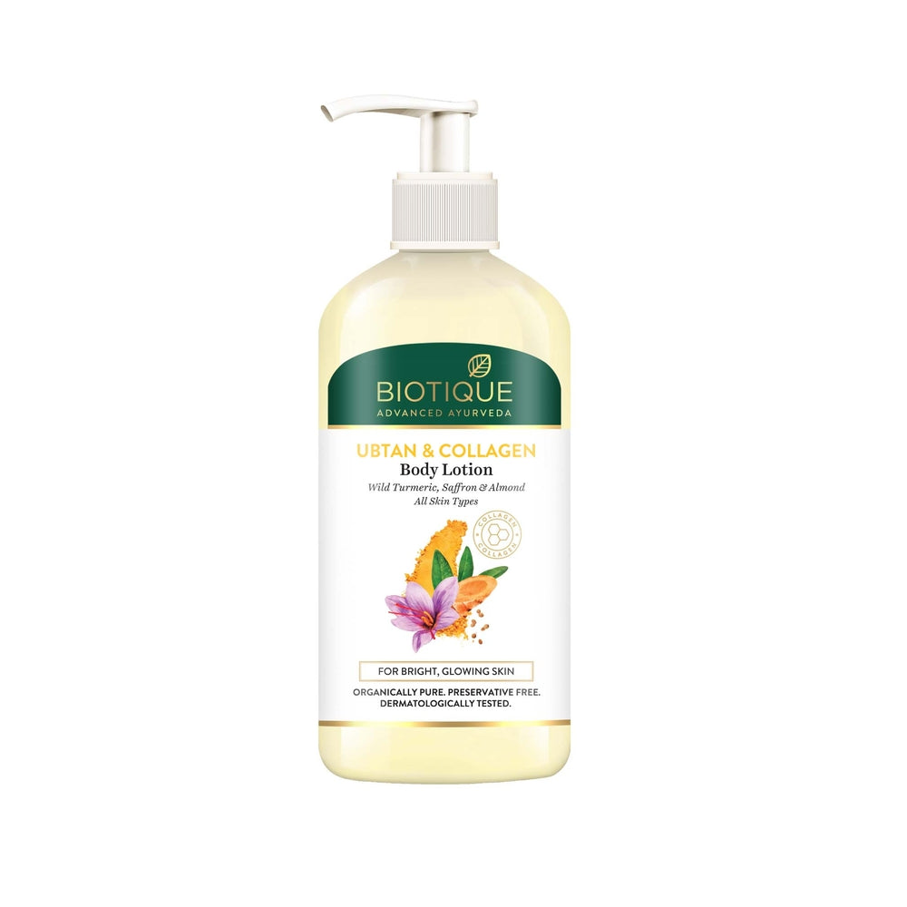 Biotique Ubtan Collagen Body Lotion 300ml | Oil-Free Gel for Smooth Glowing Skin | Turmeric & Saffron | Men & Women