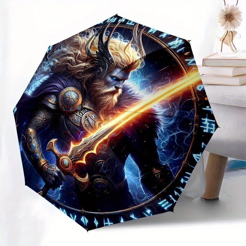 Viking Warrior with Sword Circular Art PrintUmbrella, Portable 3-Fold Compact Umbrella for Men & Women Gift