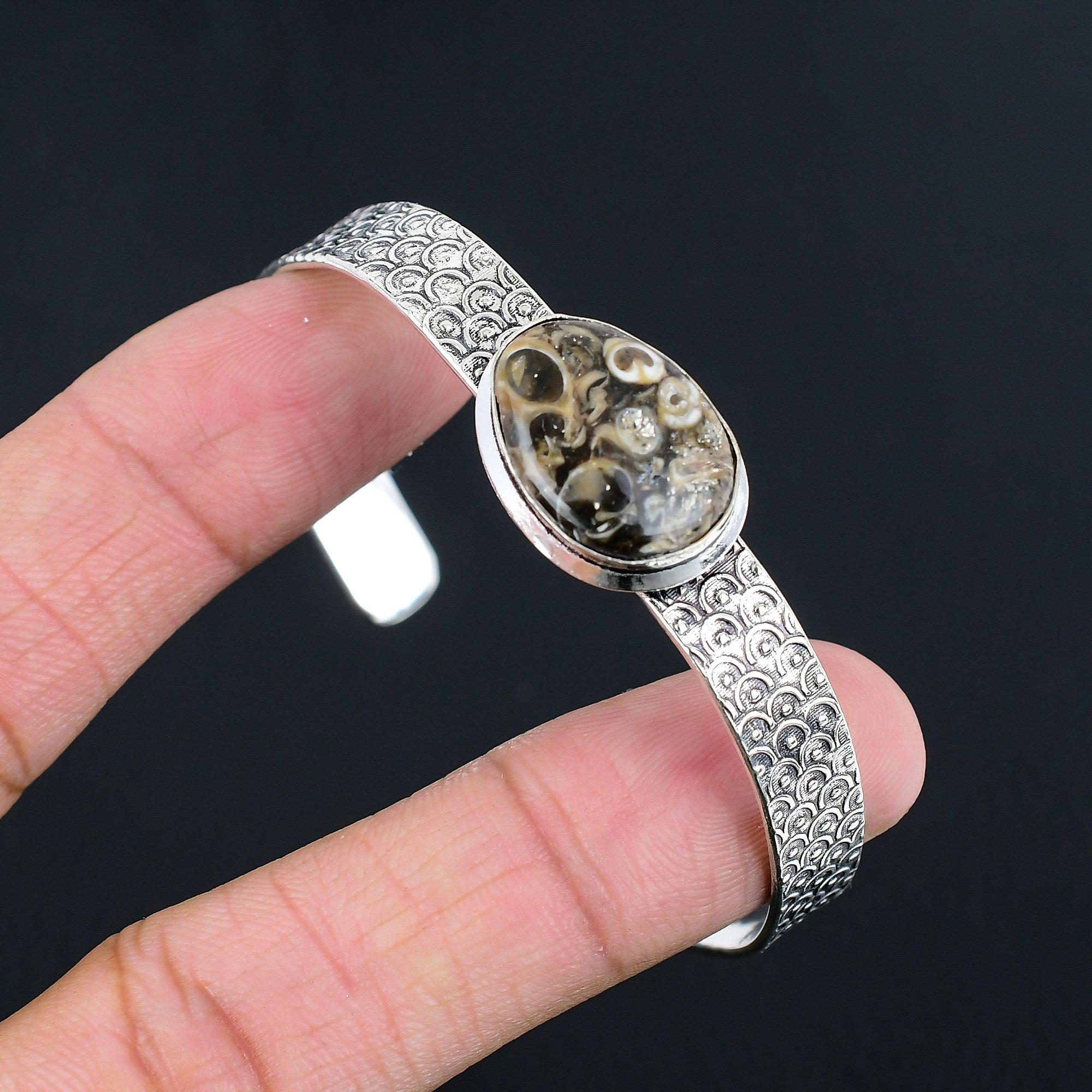 

Oval Turritella Agate Stone 925 Sterling Silver Mother Unique Bangle Bracelet Adjustable