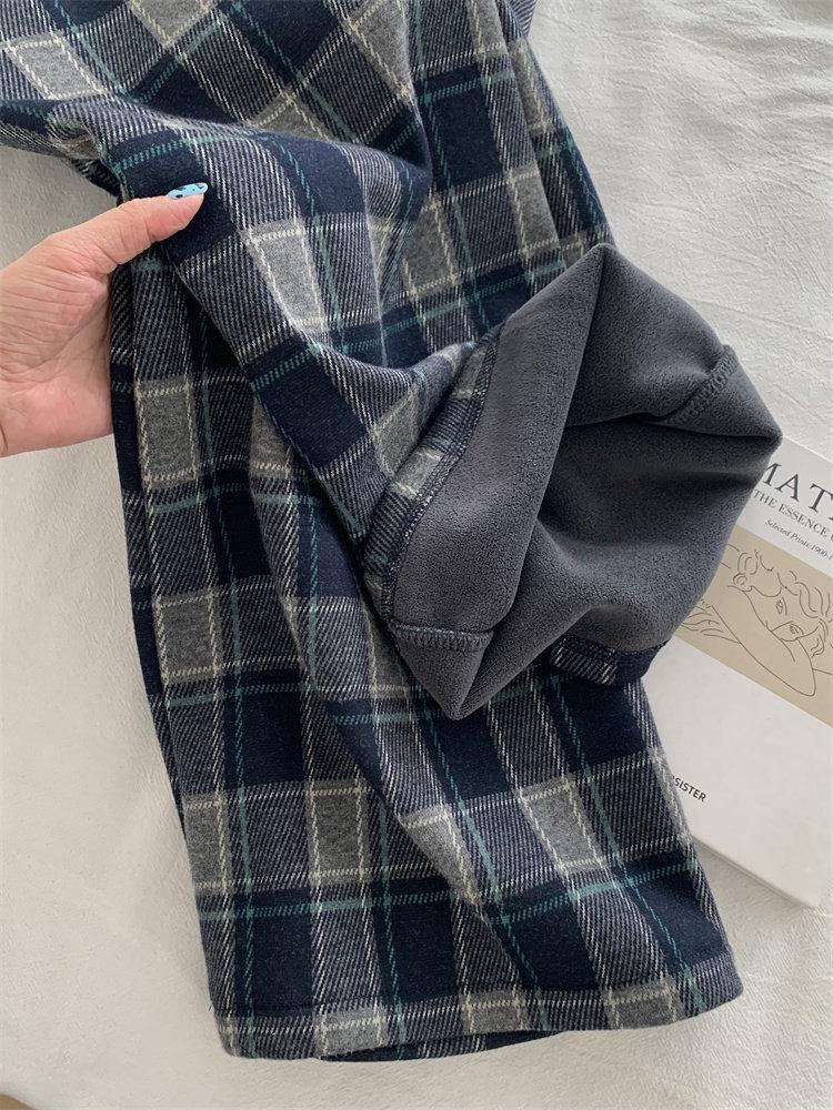 Women's Fleece-Lined Retro Plaid Wide-Leg Pants - Autumn/Winter Casual
