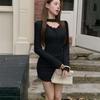 Lace Trim Fleece-Lined Bodycon Halter Dress - Slim Fit, Ruched Design for Women, Perfect for Autumn/Winter