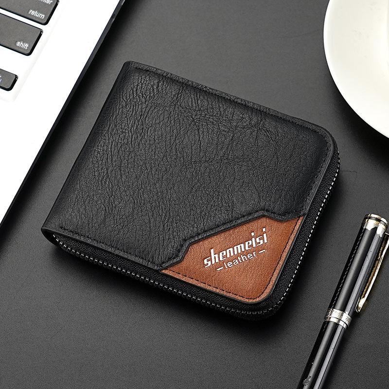 Men’s PU Leather Zip Around 3 Folding Wallet RFID Card Holder ID Window Coin Pocket Short Compact Wallet Cash Purse